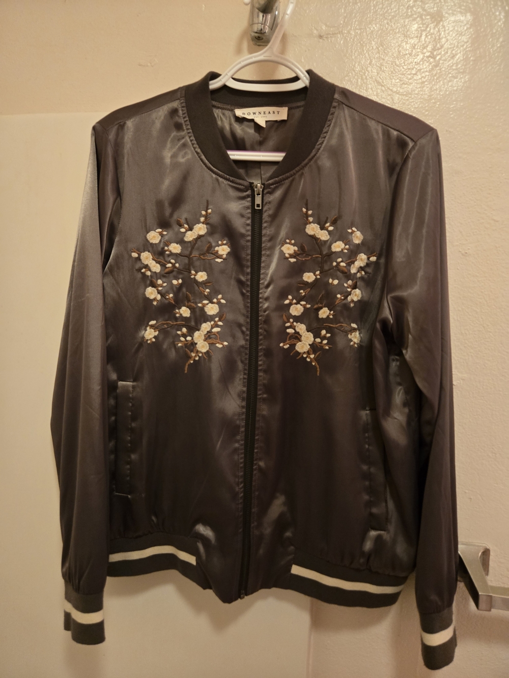 DownEast Charcoal Bomber Jacket with Cream Floral Embroidery